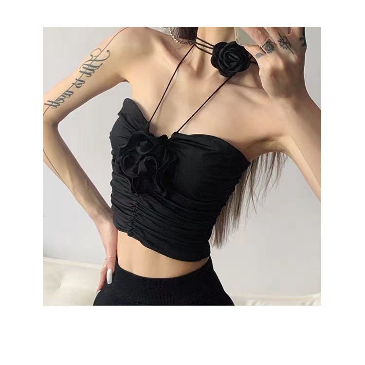 Áo Hai Dây Dáng Ngắn In Họa Tiết Hoa Hồng Màu Đen Thời Trang Mùa Hè 2023 Quyến Rũ Cho Nữ