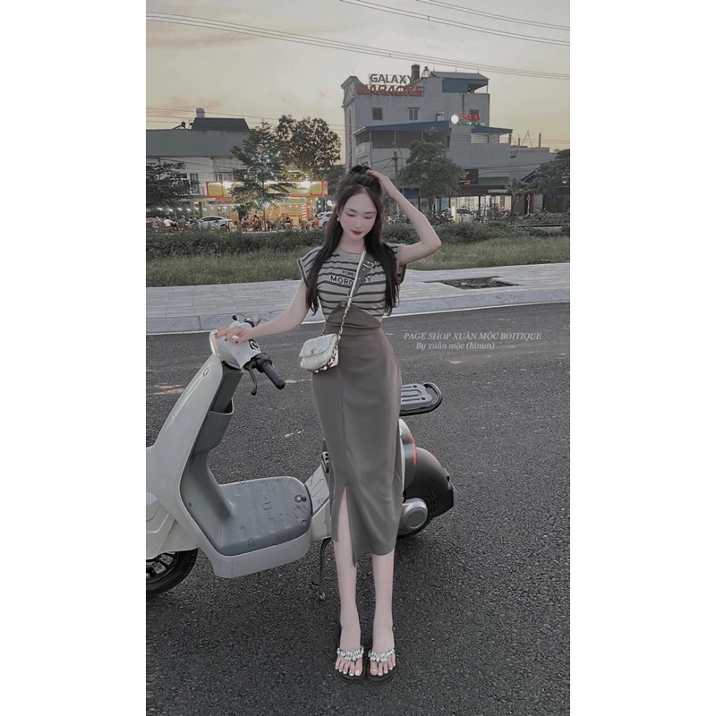 SET ÁO KẺ CHỮ CHÂN VÁY XANH RÊU DÂY ĐAI lương su shop