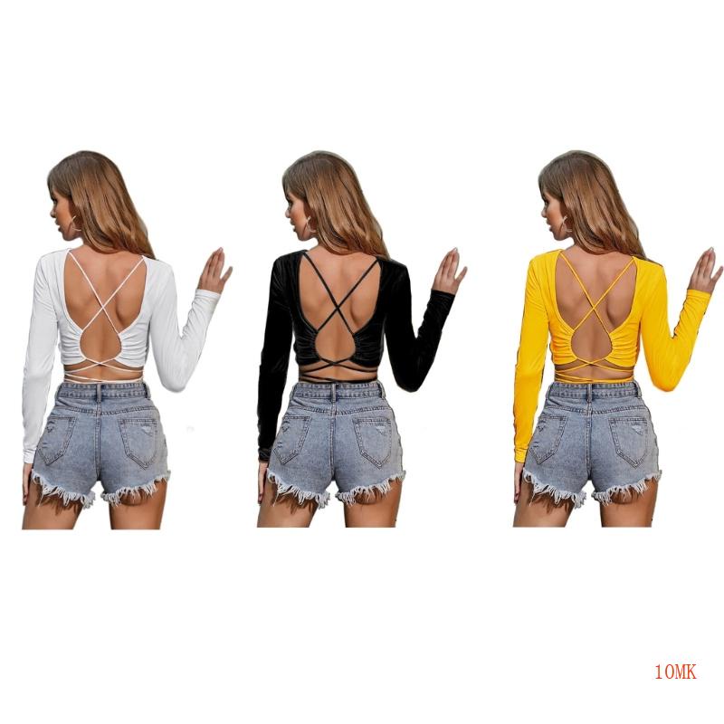 Áo Thun Crop Top Tay Dài Cổ Tròn Màu Trơn Thời Trang Mùa Thu Cho Nữ