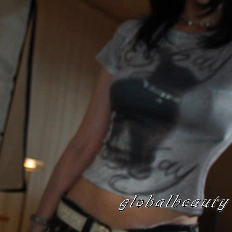 Áo Thun Croptop Ngắn Tay Cổ Tròn In Họa Tiết Trừu Tượng Thời Trang Xuân Hè