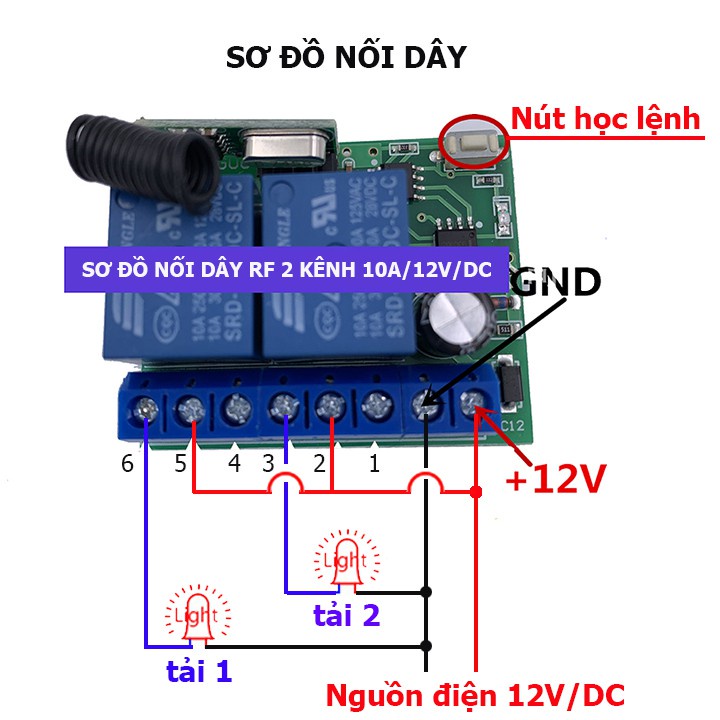 - Mạch công tắc điều khiển từ xa 12V 10A 2 kênh,  tắt mở 2 thiết bị độc lập