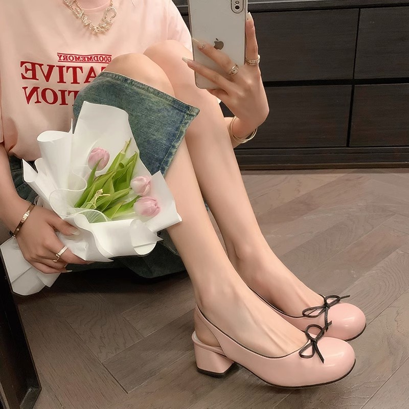 Duoya Tóc Thẳng ~ [Hàng Có Sẵn] ~ Giày Cao Gót Hở Lưng Đính Nơ Màu Bạc Nhẹ Nhàng Cho Nữ Miễn Phí Vận Chuyển