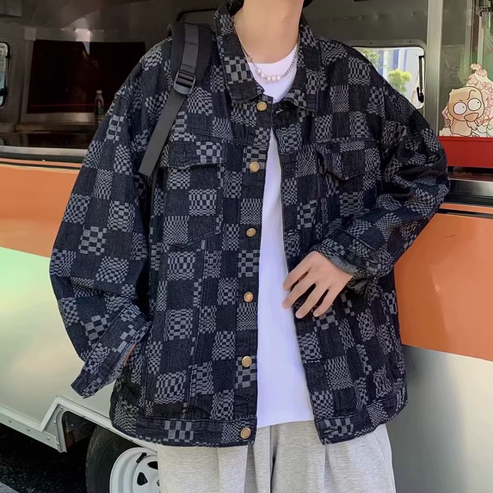 Áo Khoác Denim Dáng Rộng Họa Tiết Kẻ Ô Đen Phong Cách Retro Nhật Bản Cho Nam Giới