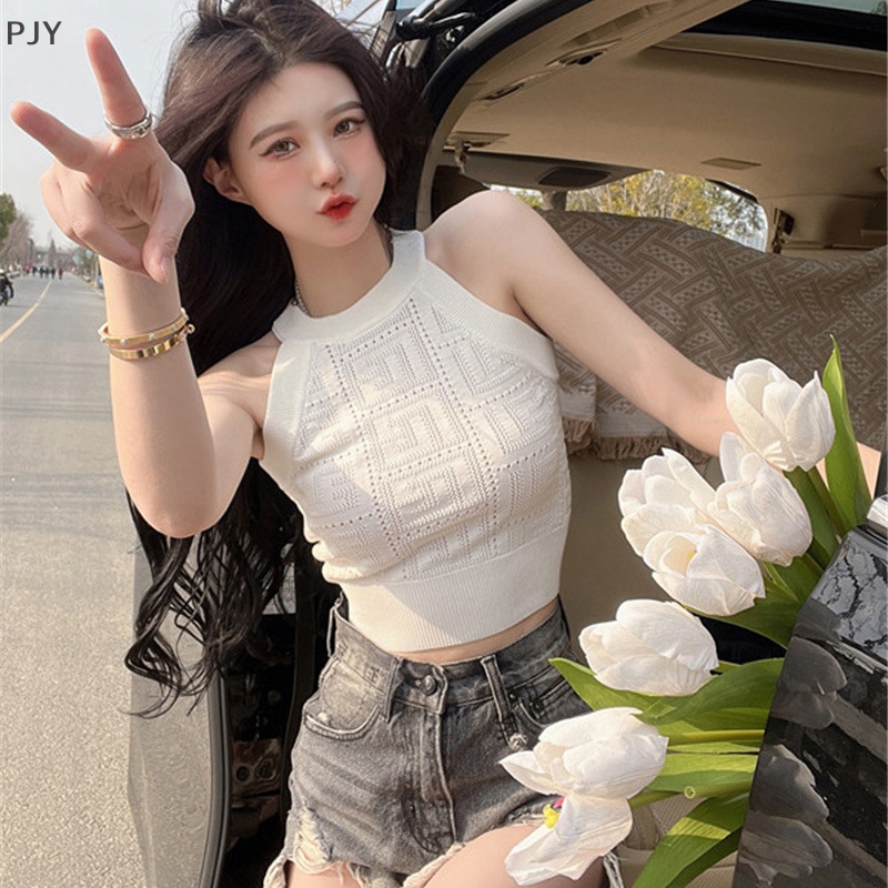 Áo Croptop Dệt Kim Không Tay Dáng Ôm Y2K Có Gân Hở Vai PJ