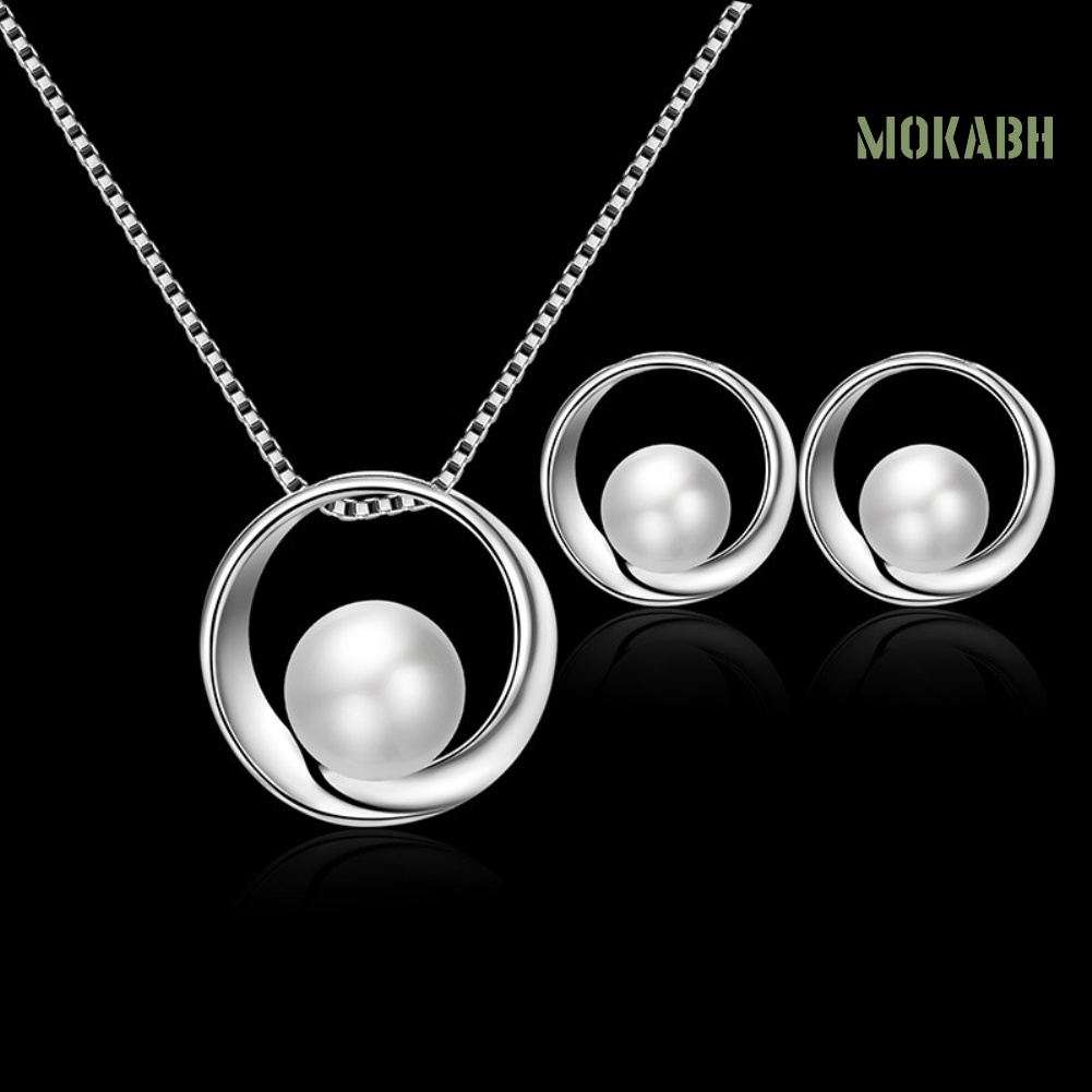 Bộ Vòng cổ + Bông Tai Đính Ngọc Trai Nhân Tạo Hình Tròn Cho Nữ