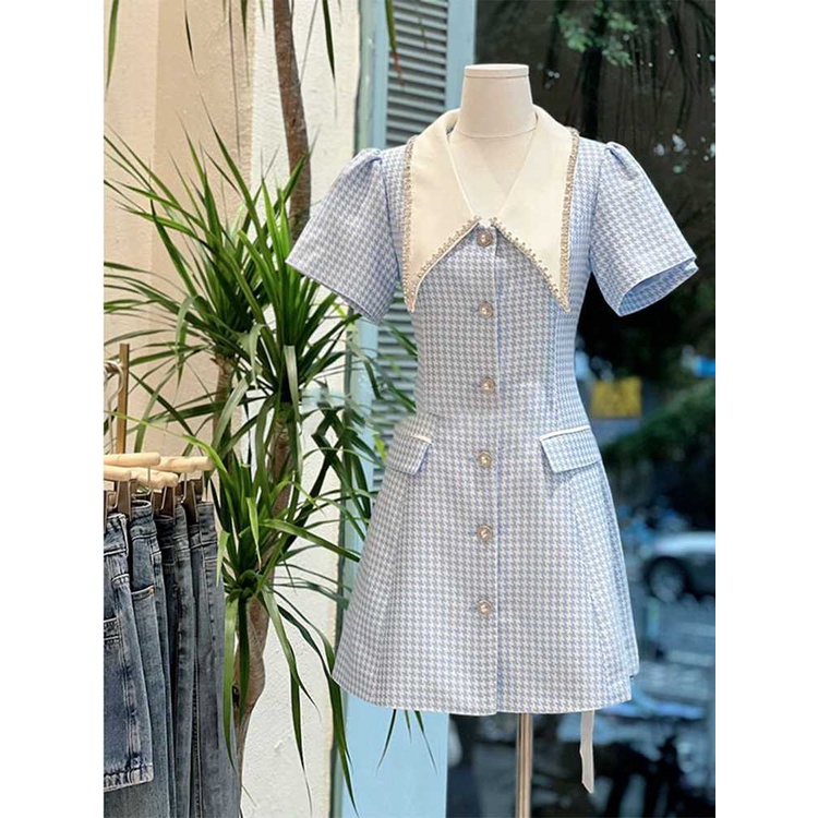 Đầm Cổ Búp Bê Họa Tiết Houndstooth Màu Xanh Dương Thời Trang Mùa Hè Mới 2023