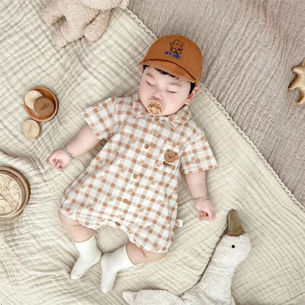 Bộ Áo Liền Quần Cotton Ngắn Tay Cổ Bẻ In Hình Gấu Dễ Thương Phong Cách Hàn Quốc Cho Bé 0-2 Tuổi