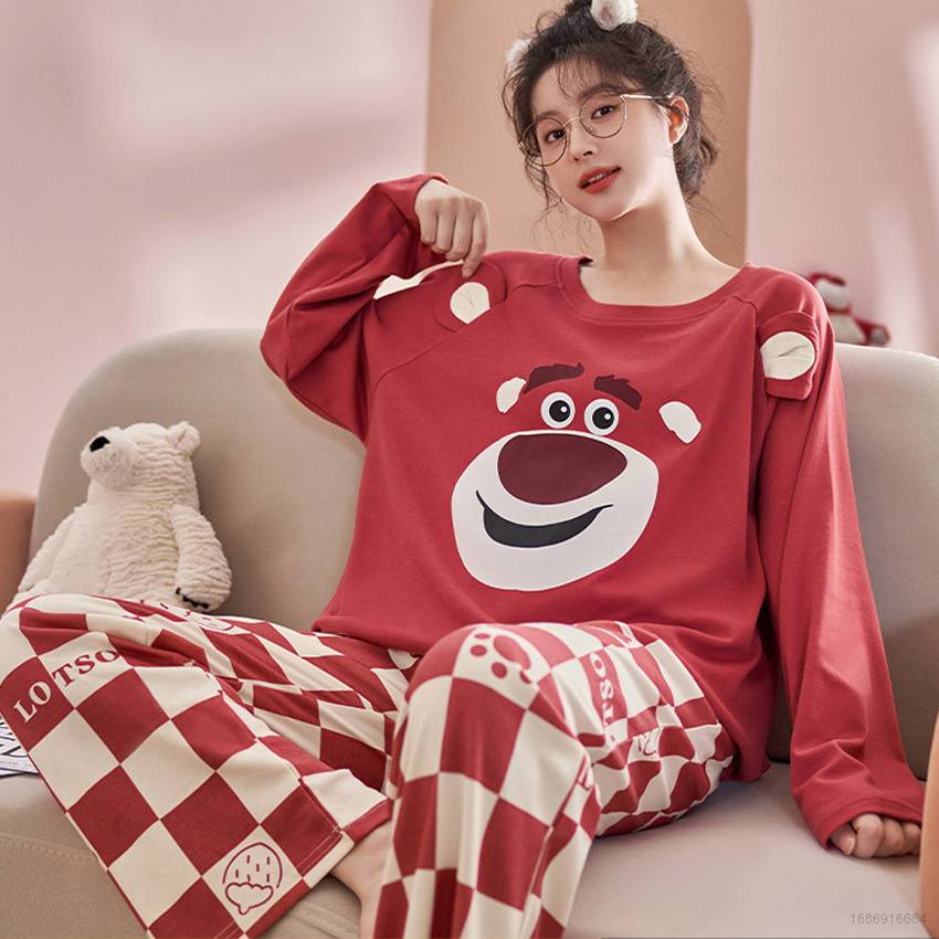 Bộ Đồ Ngủ cotton Tay Dài In Họa Tiết Gấu Và Dâu Tây Dễ Thương Phong Cách Hàn Quốc Cho Nữ