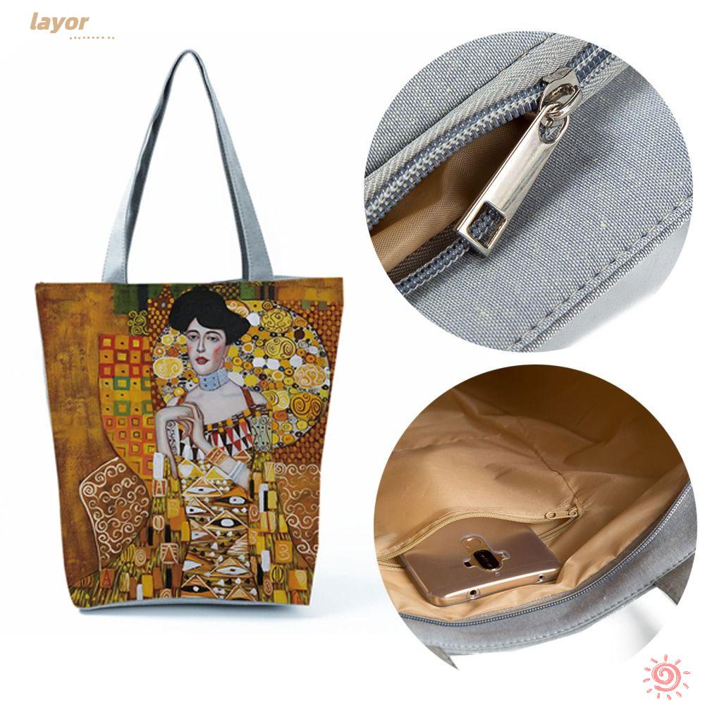 Lay Túi Tote Xách Tay Bằng Vải Lanh Bền Họa Tiết Tranh Sơn Dầu Sức Chứa Lớn Thời Trang