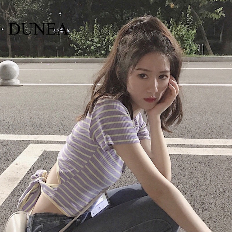 DUNEA Áo Thun Ngắn Tay Hở Lưng Họa Tiết Sọc Ngang Thời Trang Dành Cho Nữ