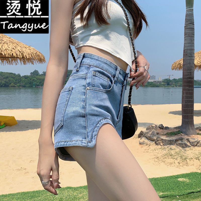 Quần Short Denim Chữ a Lưng Cao Màu Đen Thiết Kế Không Đồng Đều Phong Cách Mới Cho Nữ