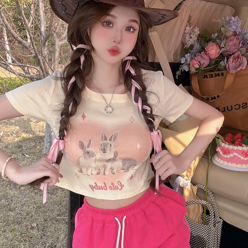 Áo Thun Tay Ngắn Hở Vai Màu Đen In Hình Thỏ Phong Cách Hàn Quốc Thời Trang Mùa Hè Cho Nữ