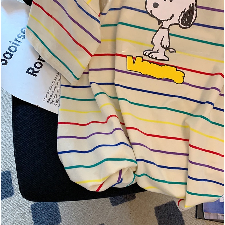 Áo Thun 100% cotton Tay Ngắn Dáng Suông In Họa Tiết Kẻ Sọc Ngang Trẻ Trung Thời Trang Phong Cách Hàn Quốc Cho Nữ 200g