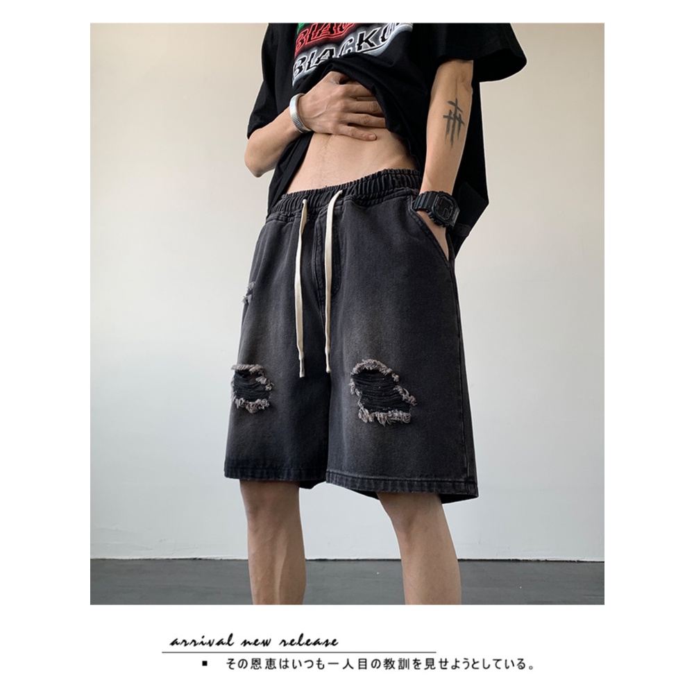 Quần Short Denim Mỏng Dáng Rộng Rách Cá Tính Phong Cách Retro Đường Phố Mỹ Cho Nam