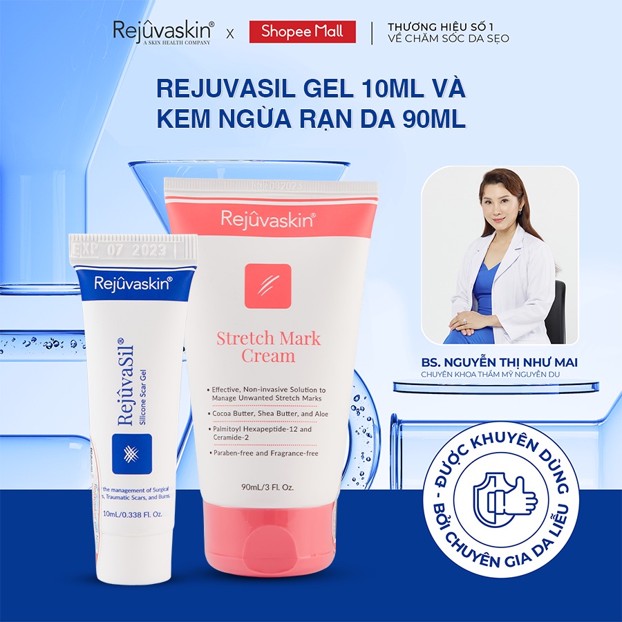 Combo Rejuvaskin gel làm xẹp sẹo Rejuvasil 10ml và kem làm mờ vết rạn da Stretch Mark Cream 90ml - DH Beauty