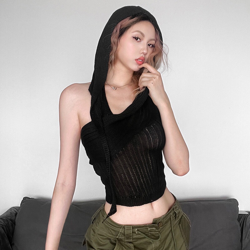 Áo Sát Nách Dệt Kim Ôm Dáng Có Mũ Trùm Hở Lưng Quyến Rũ Thời Trang Cho Nữ Kliou 2023