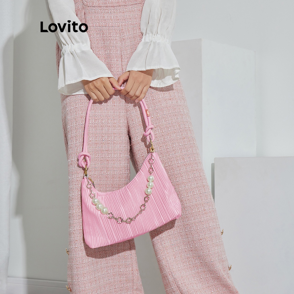 Lovito Túi Hobo thắt nơ vải trơn dễ thương L38BA22 (Xám nhạt/Hồng nhạt/Trắng nhạt)