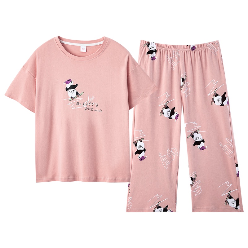 Bộ Đồ Ngủ Cotton Tay Ngắn In Hình Gấu Trúc Hoạt Hình Đơn Giản Thoải Mái Dành Cho Nữ