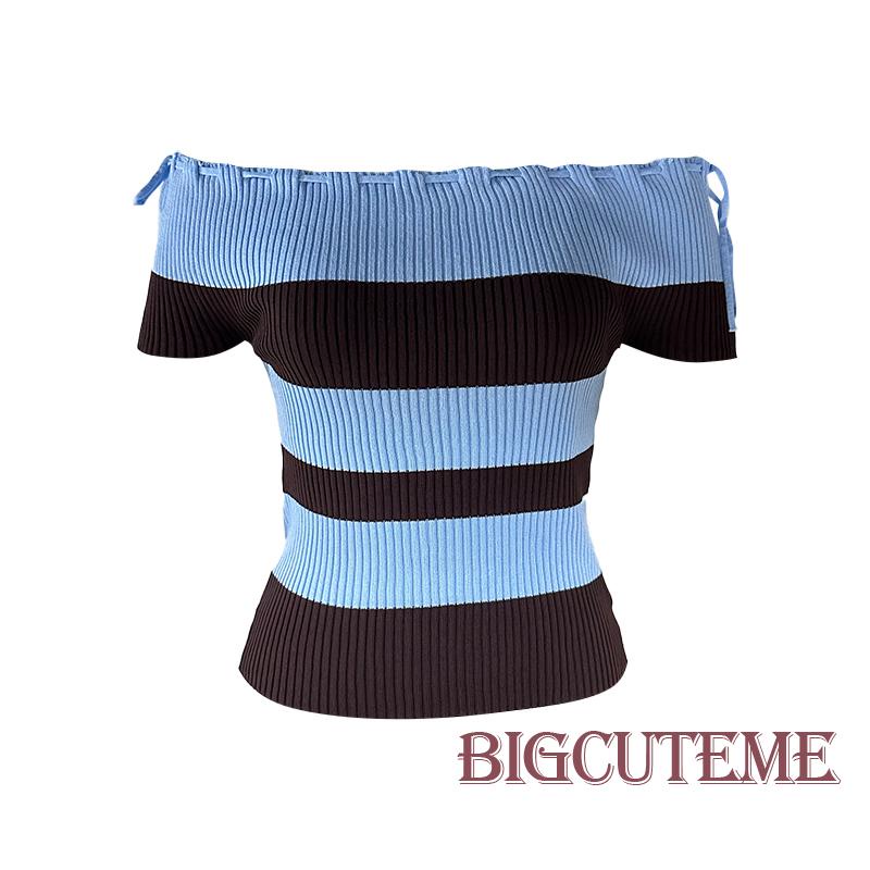 Áo Thun Dệt Kim Trễ Vai Tay Ngắn Họa Tiết Kẻ Sọc Thời Trang Mùa Hè Dành Cho Nữ