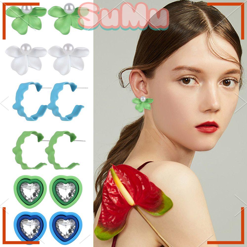 Bông Tai Hình Hoa Mùa Xuân Màu Xanh Lá / Trắng / Xanh Dương Xinh Xắn