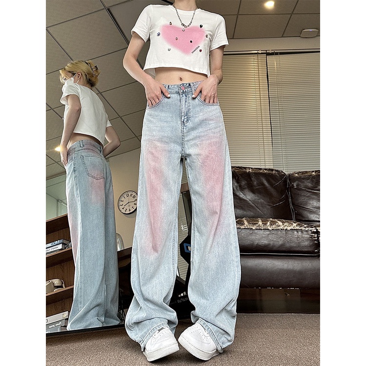 Quần Jean Dài Ống Rộng Màu Sắc Tương Phản Graffiti Mỹ Thời Trang Mùa Hè Cho Nữ