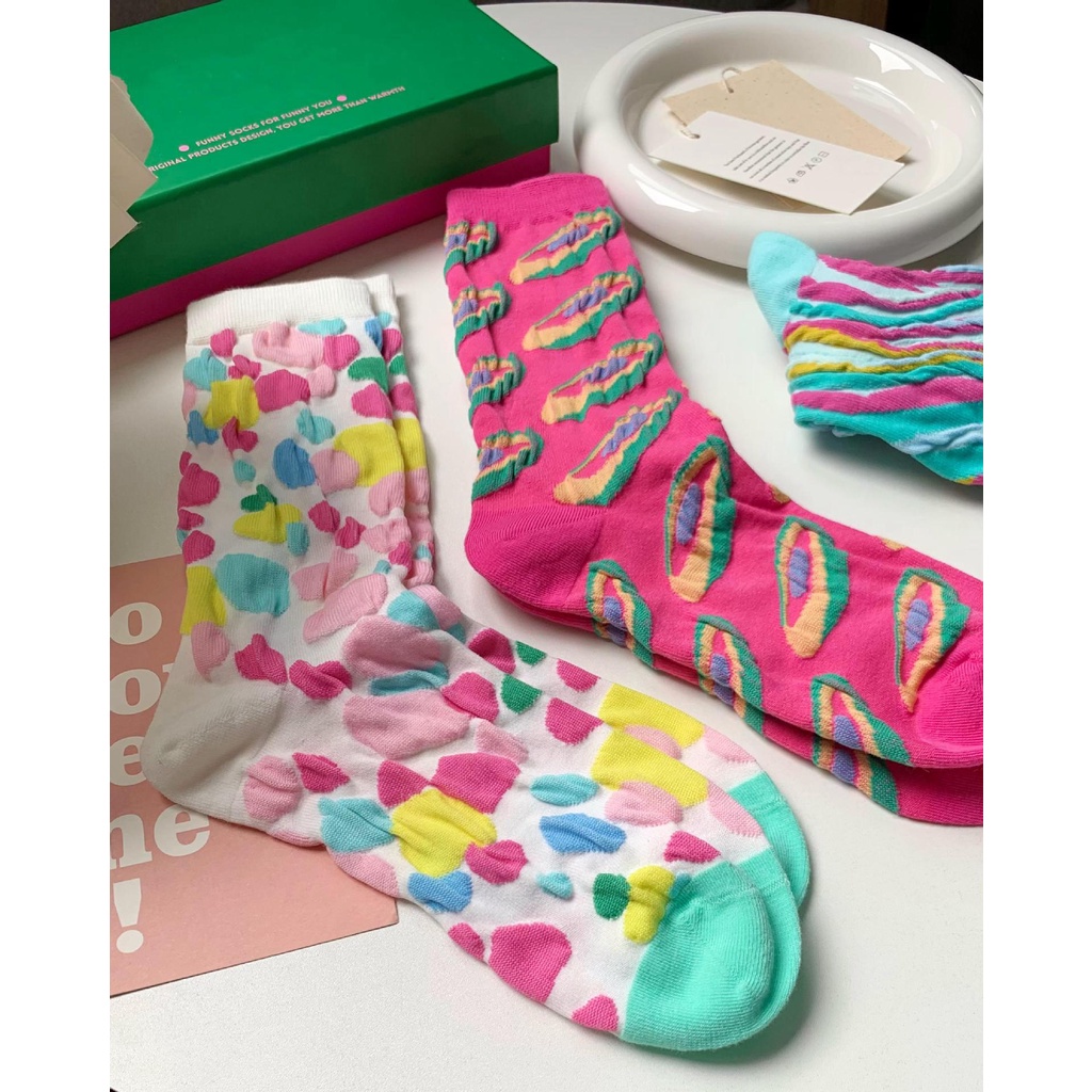 Vớ Cotton Cổ Cao Vừa Dập Nổi Họa Tiết Tương Phản Phong Cách Hàn Quốc Thời Trang Mùa Hè Mới Cho Nữ