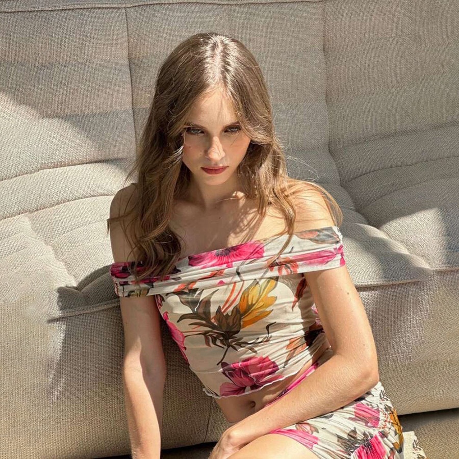 Weird Puss Set Áo Croptop Trễ Vai Họa Tiết Hoa Và Chân Váy Lưng Thun Thời Trang Mùa Hè Xinh Xắn Cho Nữ