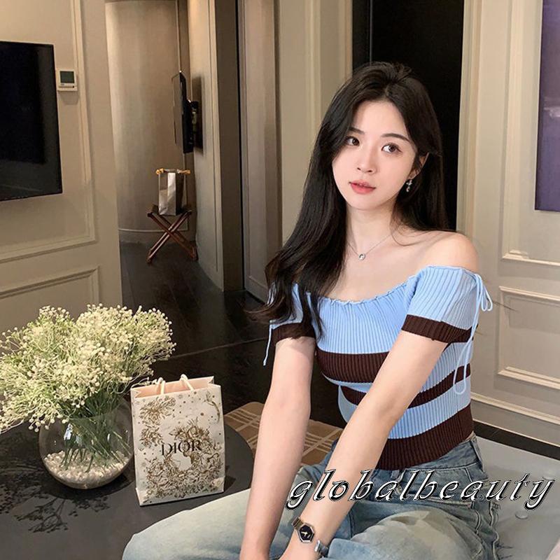 Áo Croptop Dệt Kim Trễ Vai Tay Ngắn Họa Tiết Kẻ Sọc Thời Trang Mùa Hè Cho Nữ