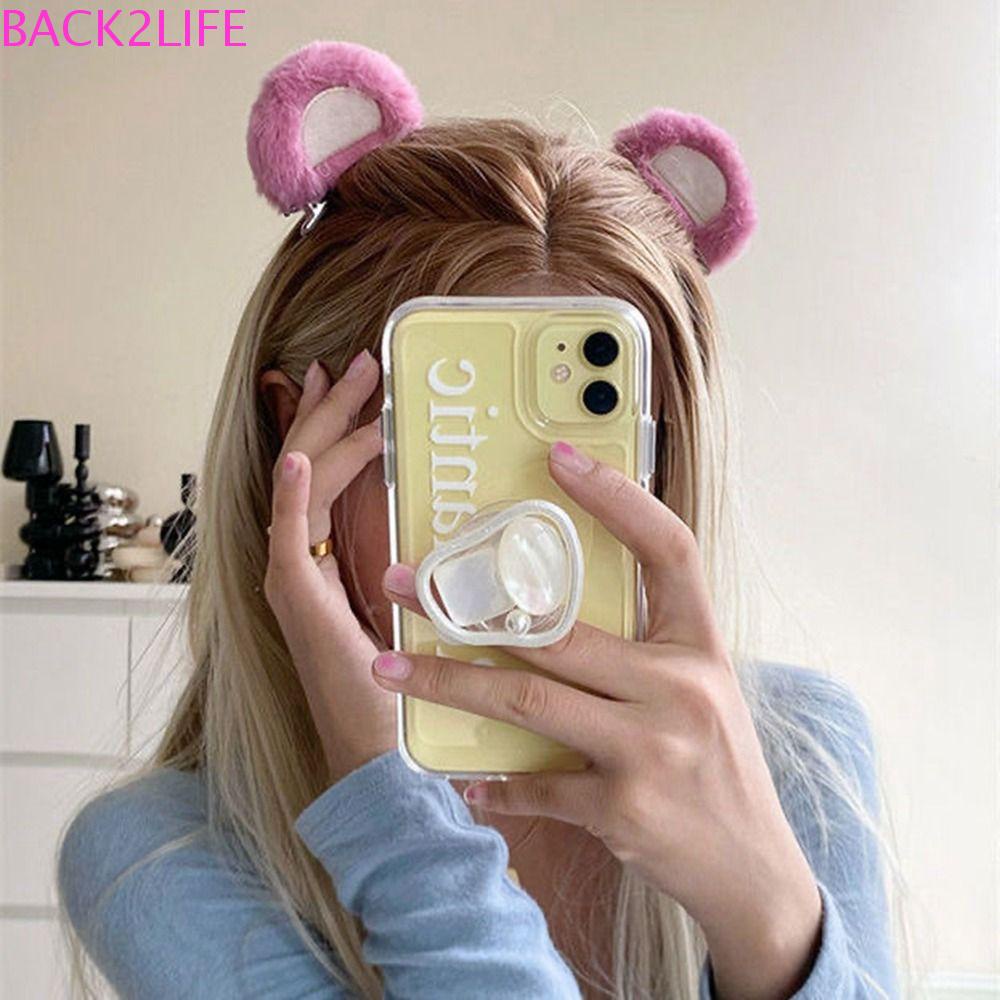 BACK2LIFE Set 2 Băng Đô Cài Tóc Vải Lông Không Trơn Hình Gấu / Dâu Tây Dễ Thương Cho Nữ Rửa Mặt