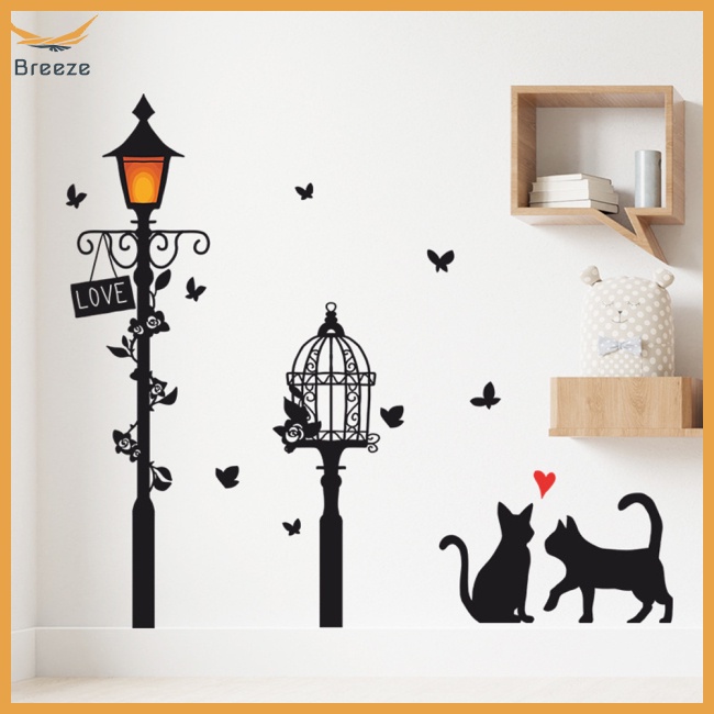 Sticker Dán Tường Tự Dính Họa Tiết Chú Mèo Dưới Đường Phố Trang Trí Nội Thất