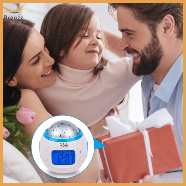 Đồng Hồ Báo Thức Tích Hợp Lịch Và Đèn Led Chiếu Hình Bầu Trời Sao 2 inch Có Nhạc Cho Bé