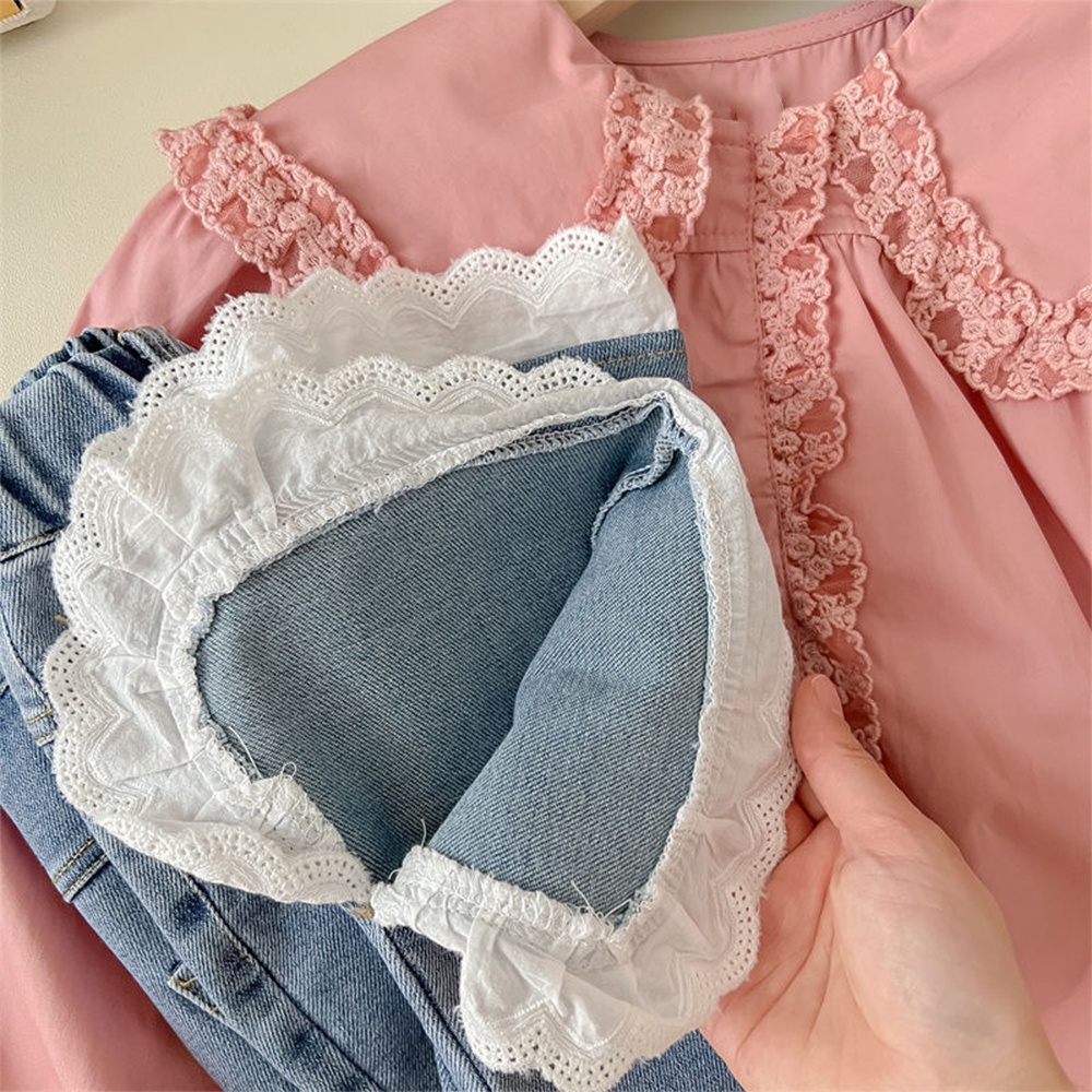 BEAR LEADER Set Đồ Mùa Hè 2 Món Gồm Áo Sơ Mi Tay Dài Cổ Búp Bê Màu Hồng + Quần Jeans Viền Hoa Màu Trơn Cho Bé Gái 2-6 Tuổi