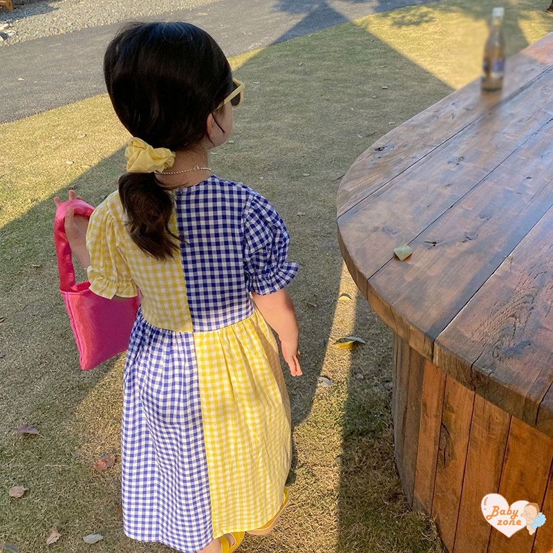 Đầm Công Chúa Tay Ngắn Phồng Cổ Chữ V In Họa Tiết Caro Thời Trang Mùa Hè Hàn Quốc Cho Bé Gái