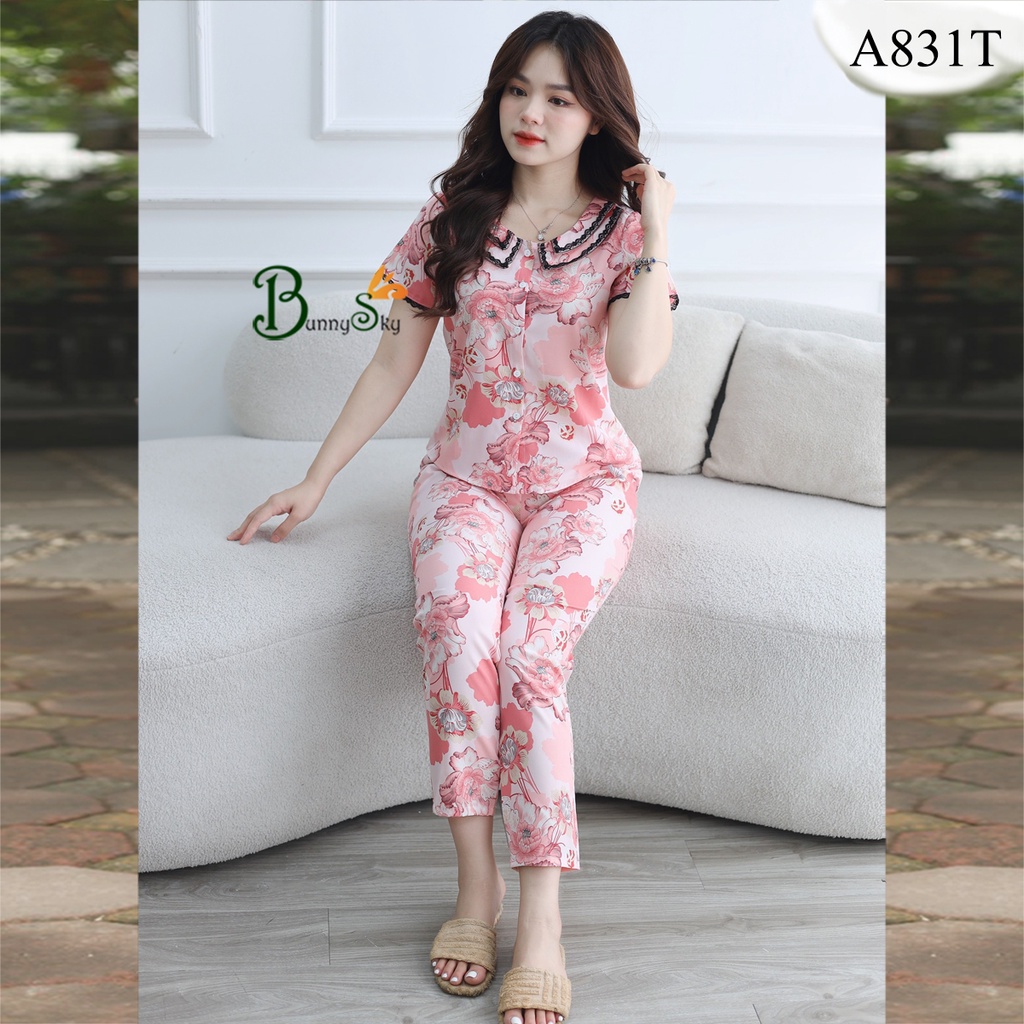 (Bunnysky) Quần áo mặc nhà nữ, đồ bộ thiết kế mẫu cổ kép phối ren, họa tiết hoa to sang chảnh, lên dáng bao đẹp.