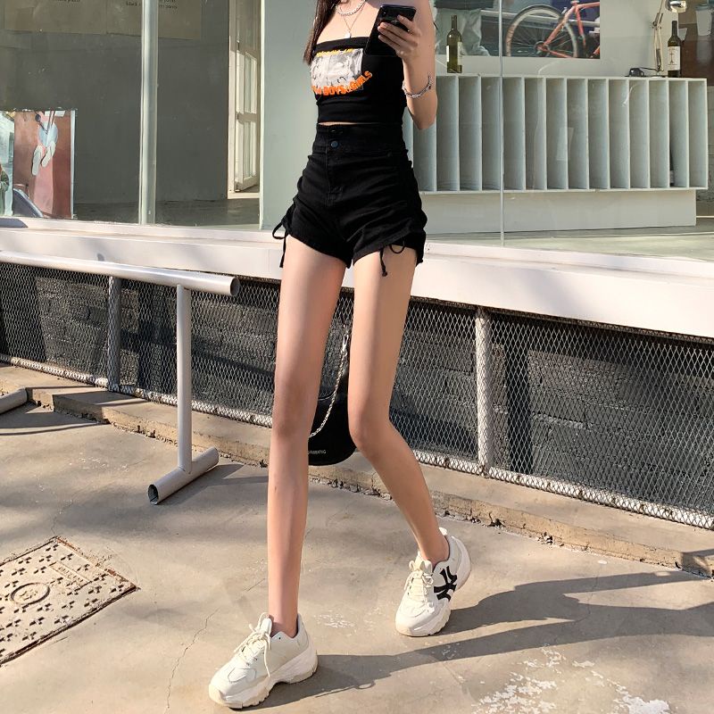 Quần Short Denim Màu Đen Lưng Cao Dáng Chữ a Phối Dây Rút Thời Trang Đường Phố Mỹ Cho Nữ