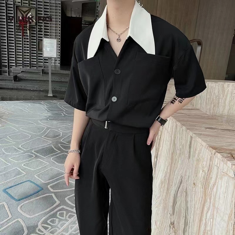 Áo Sơ Mi Tay Ngắn Cổ Lớn Màu Sắc Tương Phản Phong Cách Hàn Quốc Thời Trang Mùa Hè Cho Nam Sơ Mi Nam Cotton ÁO Sơ Mi Đen Form RộNg