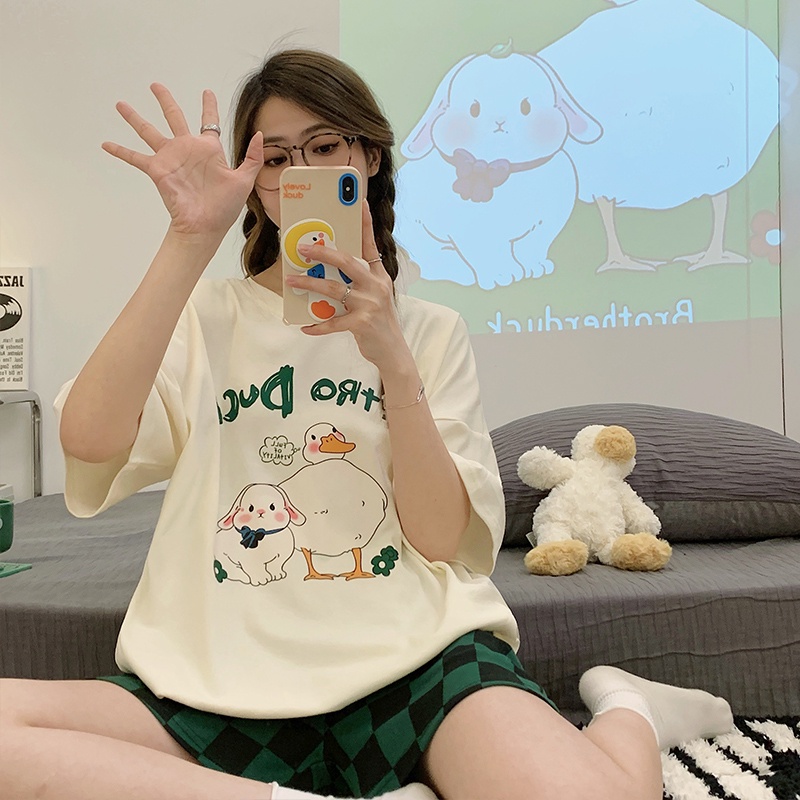 Bộ Đồ Ngủ Tay Ngắn In Họa Tiết Hoạt Hình Dễ Thương Thời Trang Mùa Hè Cho Nữ