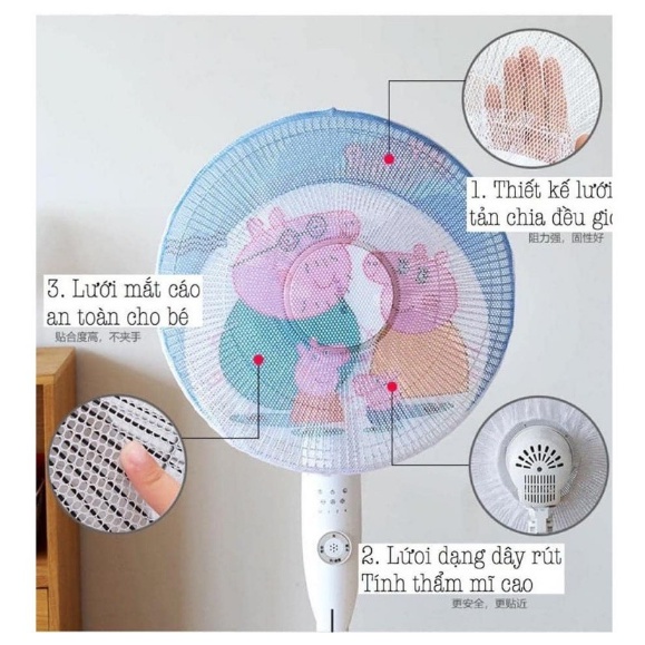 Lưới bọc quạt an toàn cho bé có dây rút cố định, mẫu hoạt hình dễ thương