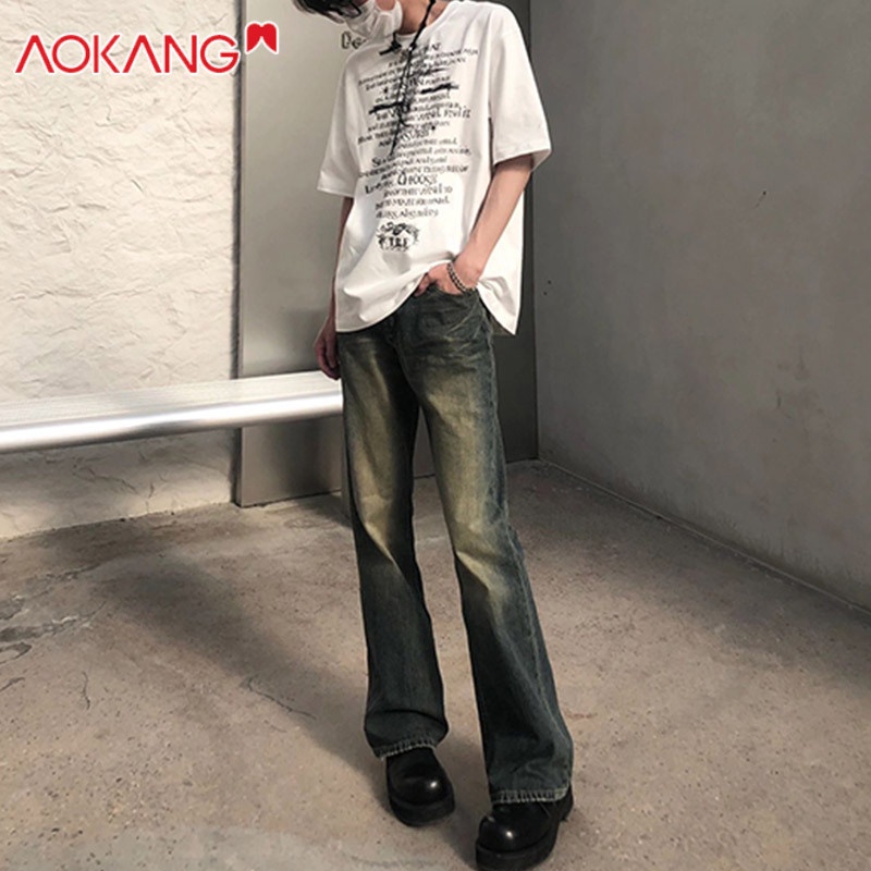 Aokang Quần Jean Dài Dáng Suông Nhuộm Màu Vàng Bùn Phối Ren Phong Cách Retro Đường Phố Mỹ Cho Nam