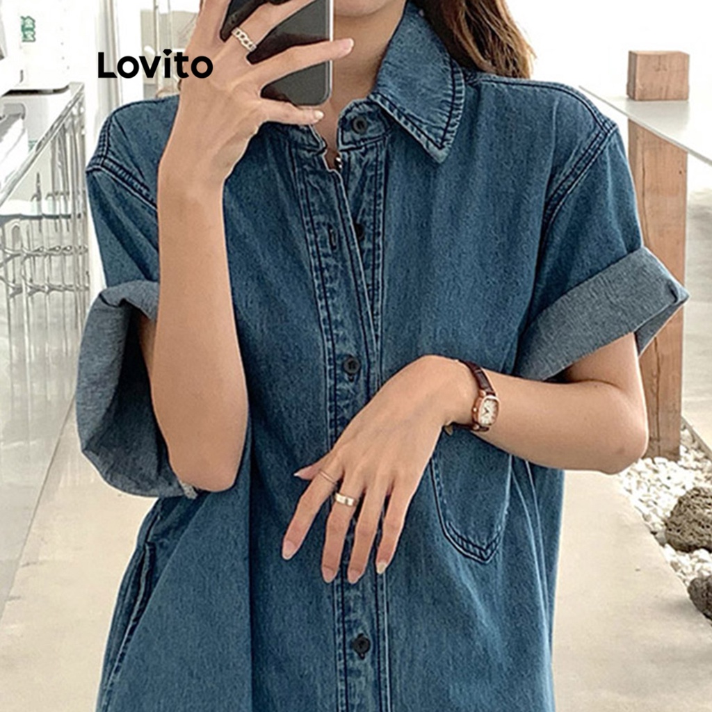 Lovito Đầm denim thô có túi màu trơn giản dị dành cho nữ LNA09005 (Màu xanh da trời)