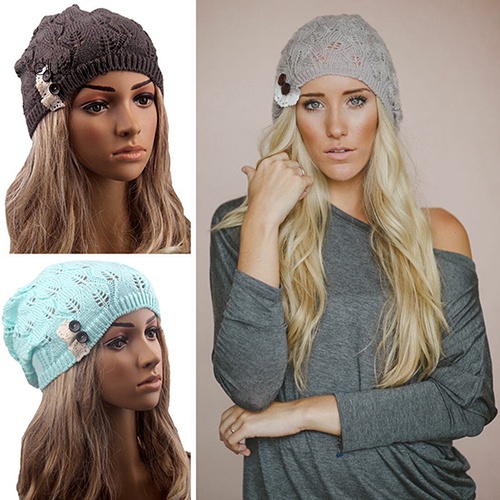 Mũ Beret Len Đan Đính Nút Thời Trang Nữ Tính