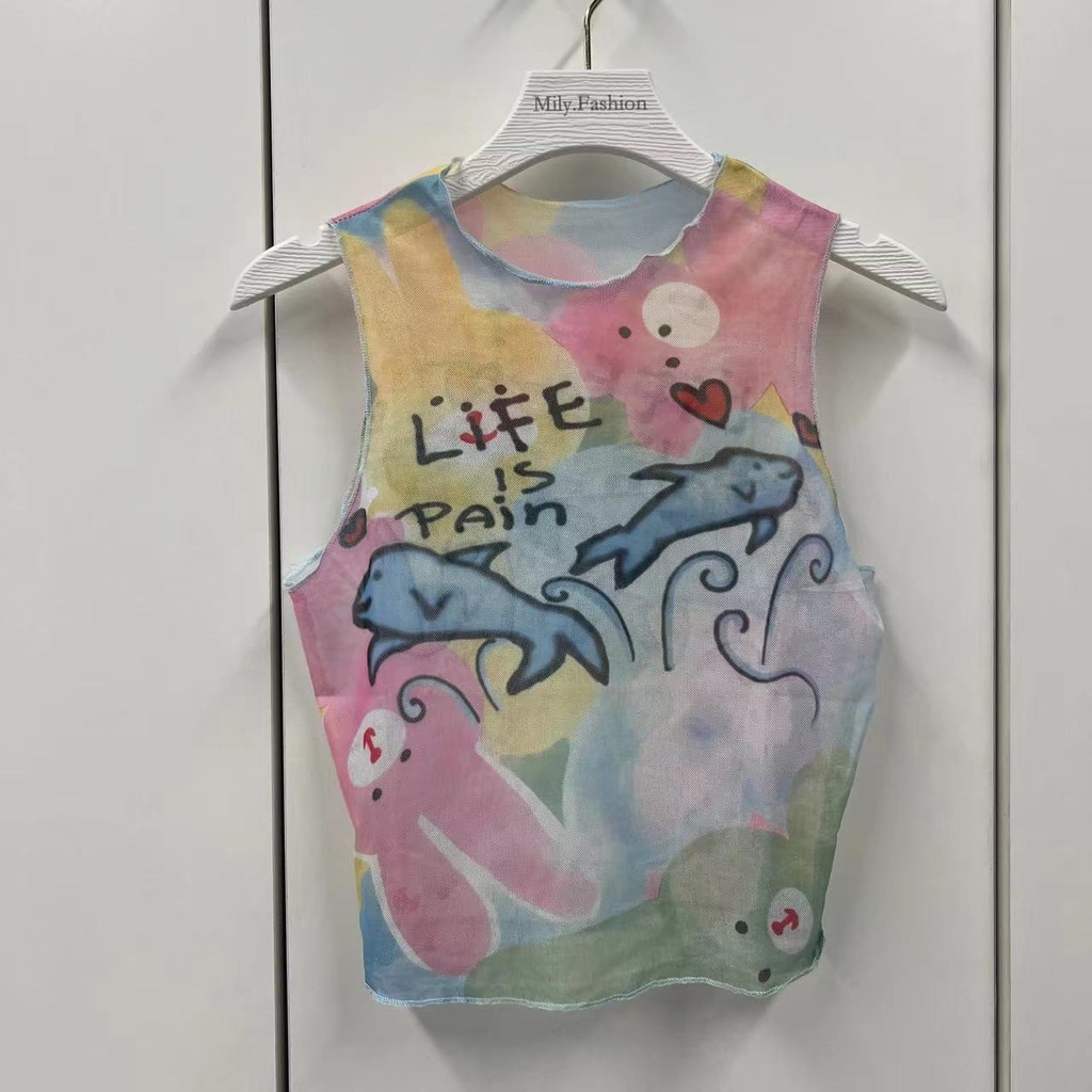 Áo Thun Không Tay Dáng Ôm Họa Tiết Hoạt Hình Nhiều Màu Sắc