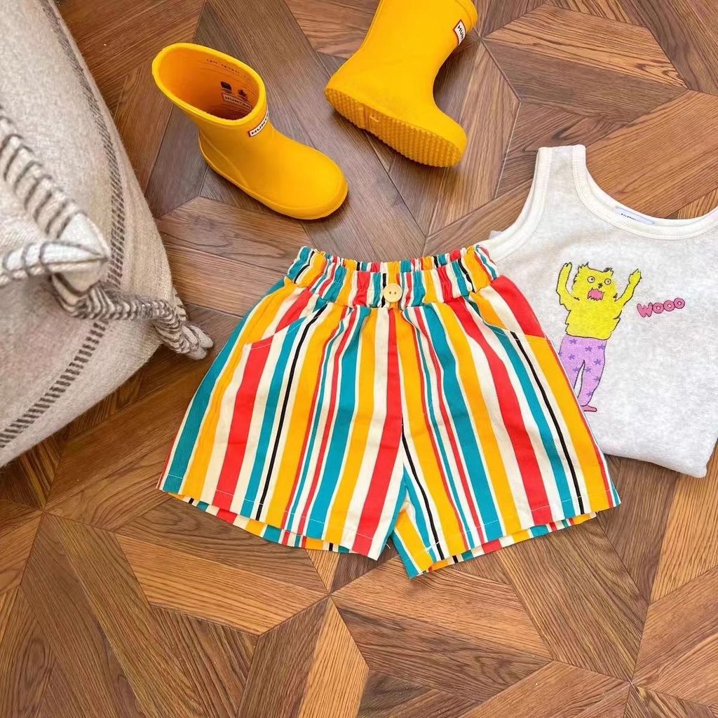 Bộ Áo Thun Sát Nách + Quần Short Thể Thao Dáng Rộng Màu Cầu Vồng Thời Trang Mùa Hè Cho Bé Gái