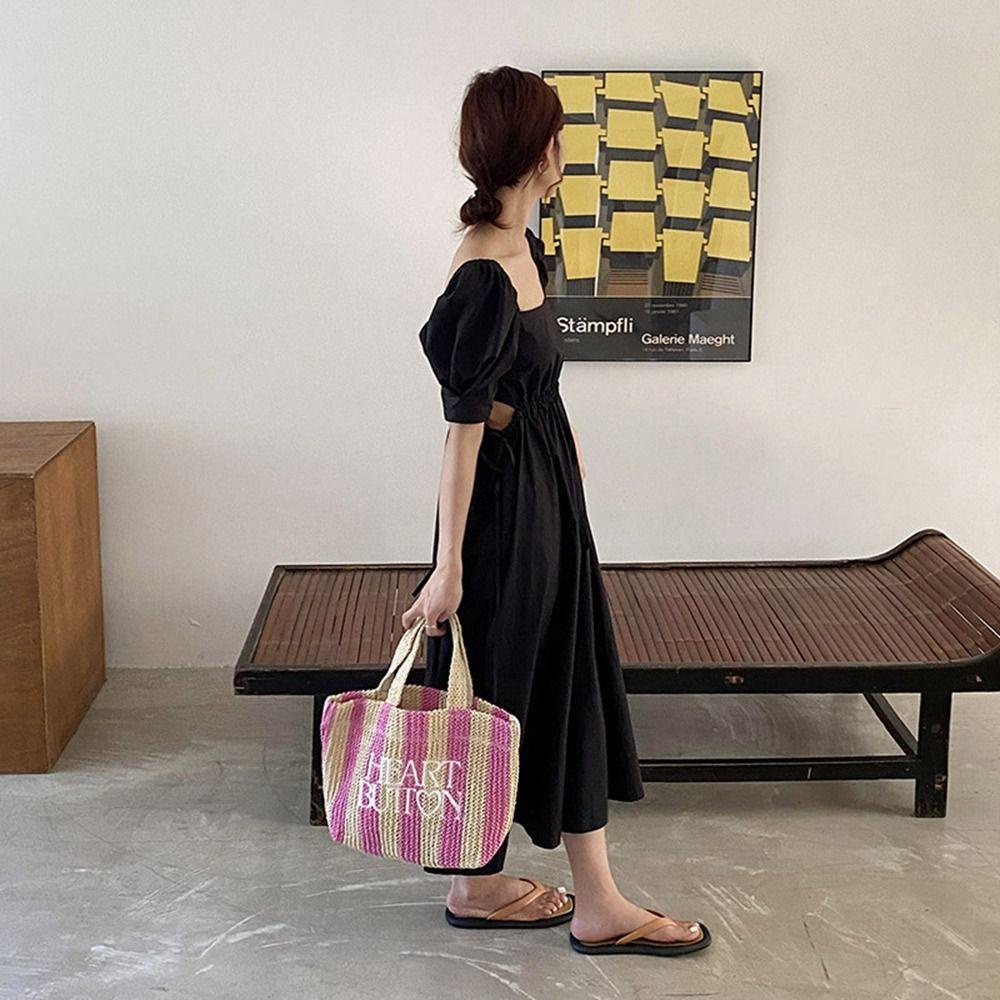 MIQUEL Túi Xách Đan Lát Sức Chứa Lớn Họa Tiết Kẻ Sọc In Chữ Phong Cách Bohemian Dễ Thương Thời Trang Đi Biển Mùa Hè