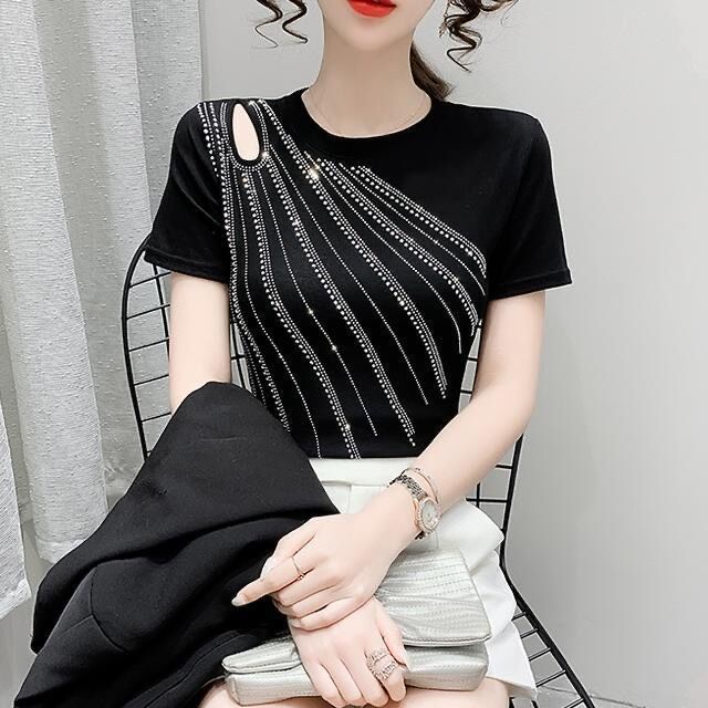 Áo Thun Dáng Ôm Thiết Kế Mỏng Đính Kim Cương Khoét Rỗng Phong Cách Mới