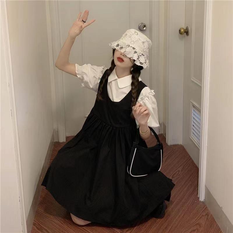 Set Áo Tay Ngắn Phồng + Chân Váy Chữ A Phong Cách Hàn Quốc Dành Cho Nữ