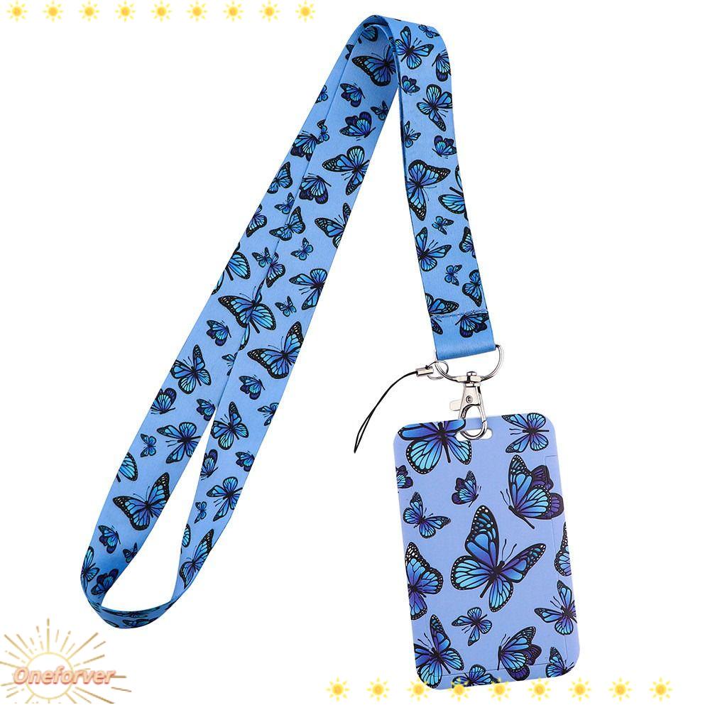 Giá Đỡ Thẻ ID + Dây Đeo In Họa Tiết Bươm Bướm Màu Xanh Dương Xinh Xắn Cho Văn Phòng