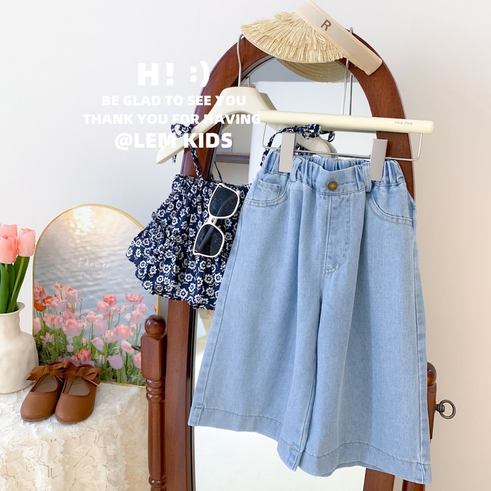 Set Áo Hoa Hai Dây + Quần Jean Ống Rộng Phong Cách Hàn Quốc Thời Trang Mùa Hè Mới 2023 Dành Cho Bé Gái