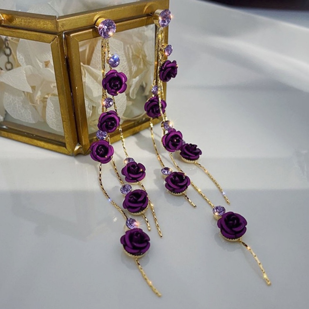 1 Đôi Bông Tai Dài Hình Hoa Hồng Đính Đá Lấp Lánh Dành Cho Nữ