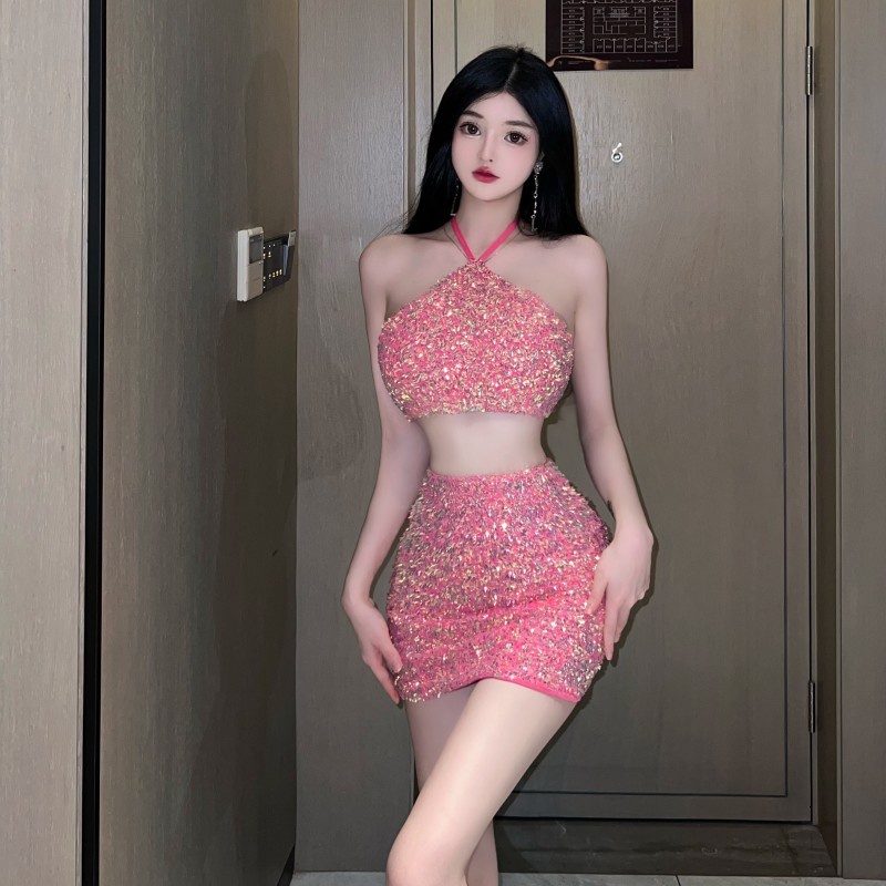 👗LILIS👗Set Áo Cổ Yếm + Chân Váy Đính Kim Sa Lấp Lánh Thời Trang Nữ